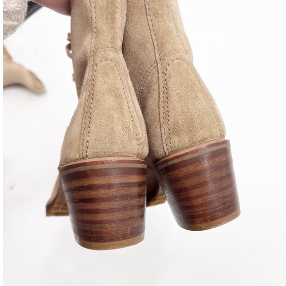 FRYE SABRINA 6G LACE UP Boots Tan Suede Block Heel Ankle Booties size 6 - Picture 7 of 10